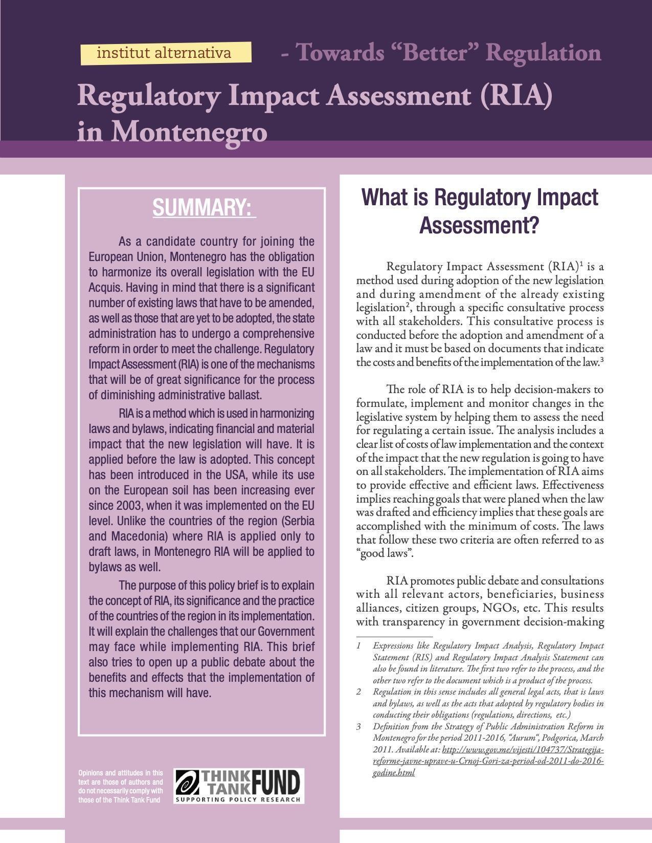 Regulatory Impact Assessment (RIA) in Montenegro
